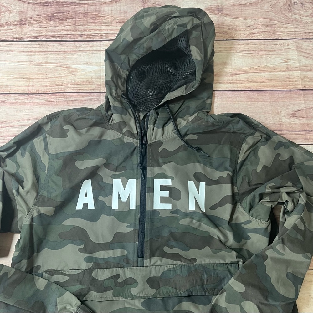 NHIM Apparel Camo Kangaroo Pocket Hooded Jacket “Amen”‎ Unisex Sz M Romans 15:13